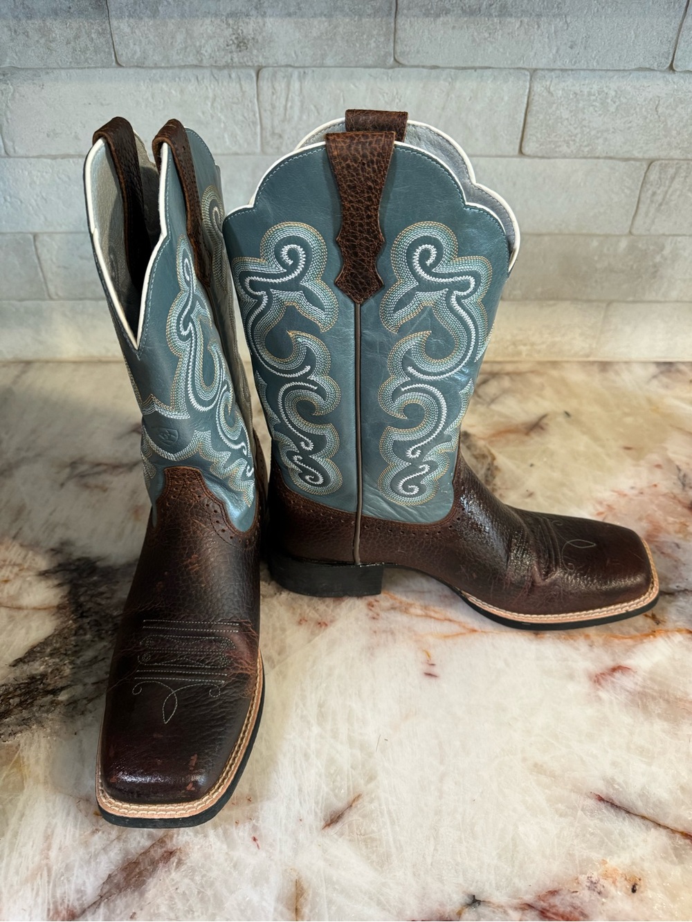 Ariat Brown Foot with Blue Embroidered Shaft Cowboy Boots